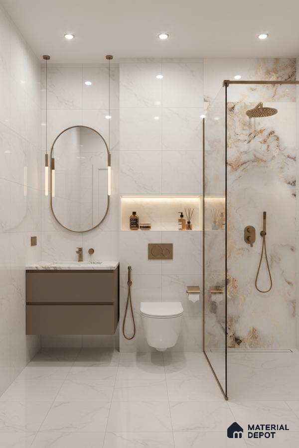 Modern bathroom with white marble-look tiles, gold accent fittings, and taupe floating vanity | Material Depot