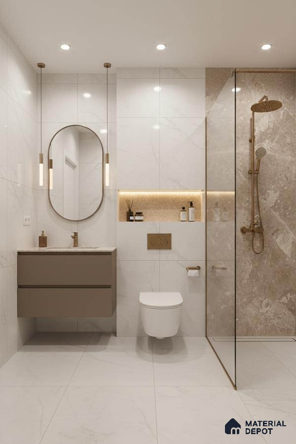 Modern bathroom with white marble-look wall and floor tiles, beige marble shower wall, and taupe floating vanity | Material Depot