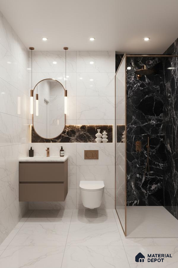 Modern bathroom with white marble-look wall and floor tiles, black marble highlighter wall, and floating taupe vanity | Material Depot
