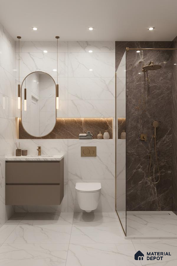 Modern bathroom with white marble-look wall and floor tiles, brown marble accent shower wall, and floating taupe vanity | Material Depot