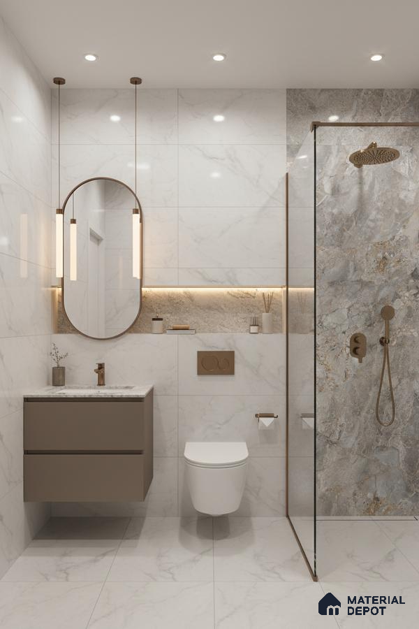 Modern bathroom with white marble-look wall and floor tiles, taupe floating vanity, and grey stone accent shower wall | Material Depot