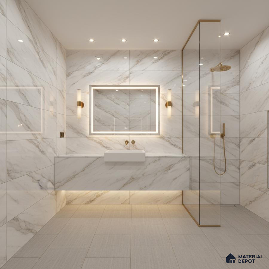 Modern bathroom with white marble-look wall tiles and beige matte floor tiles | Material Depot