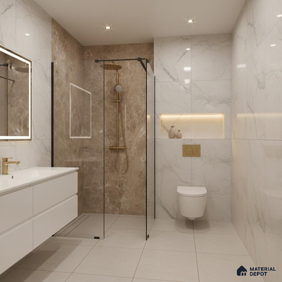Modern bathroom with white marble-look wall tiles and brown stone highlighter shower wall | Material Depot