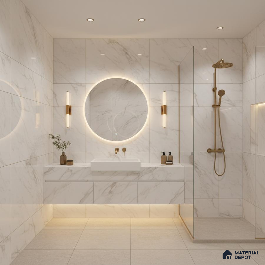 Modern bathroom with white marble-look wall tiles and floating vanity | Material Depot