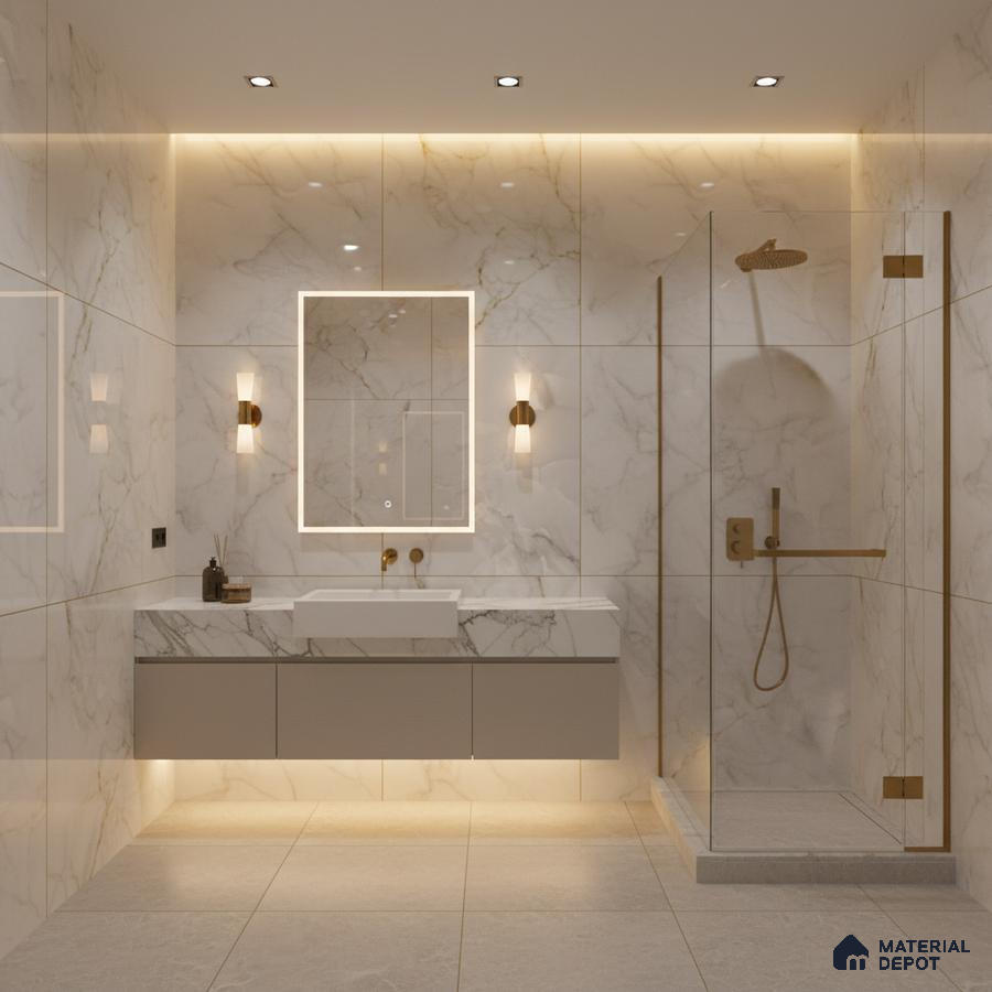 Modern bathroom with white marble-look wall tiles and floating vanity | Material Depot
