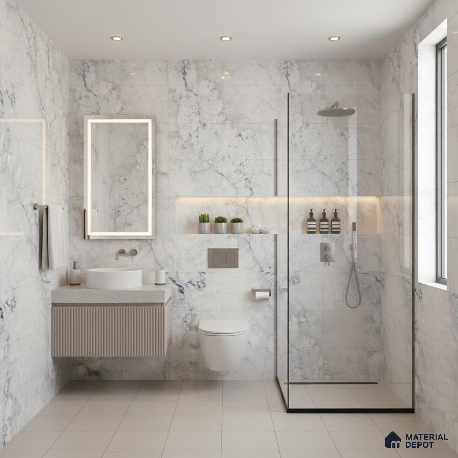 Modern bathroom with white marble-look wall tiles, beige floor tiles, and fluted vanity | Material Depot