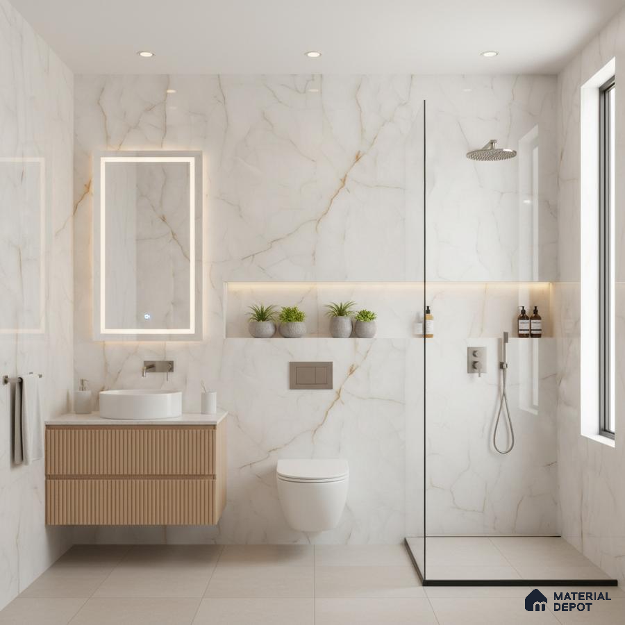 Modern bathroom with white marble-look wall tiles, beige floor tiles, and fluted wood vanity | Material Depot