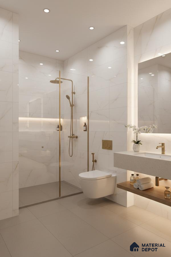 Modern bathroom with white marble-look wall tiles, beige floor tiles, and gold fixtures | Material Depot
