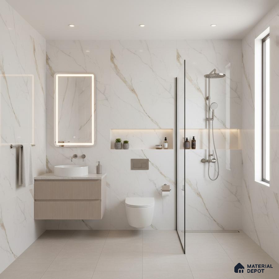Modern bathroom with white marble-look wall tiles, beige fluted vanity, and matte beige floor tiles | Material Depot