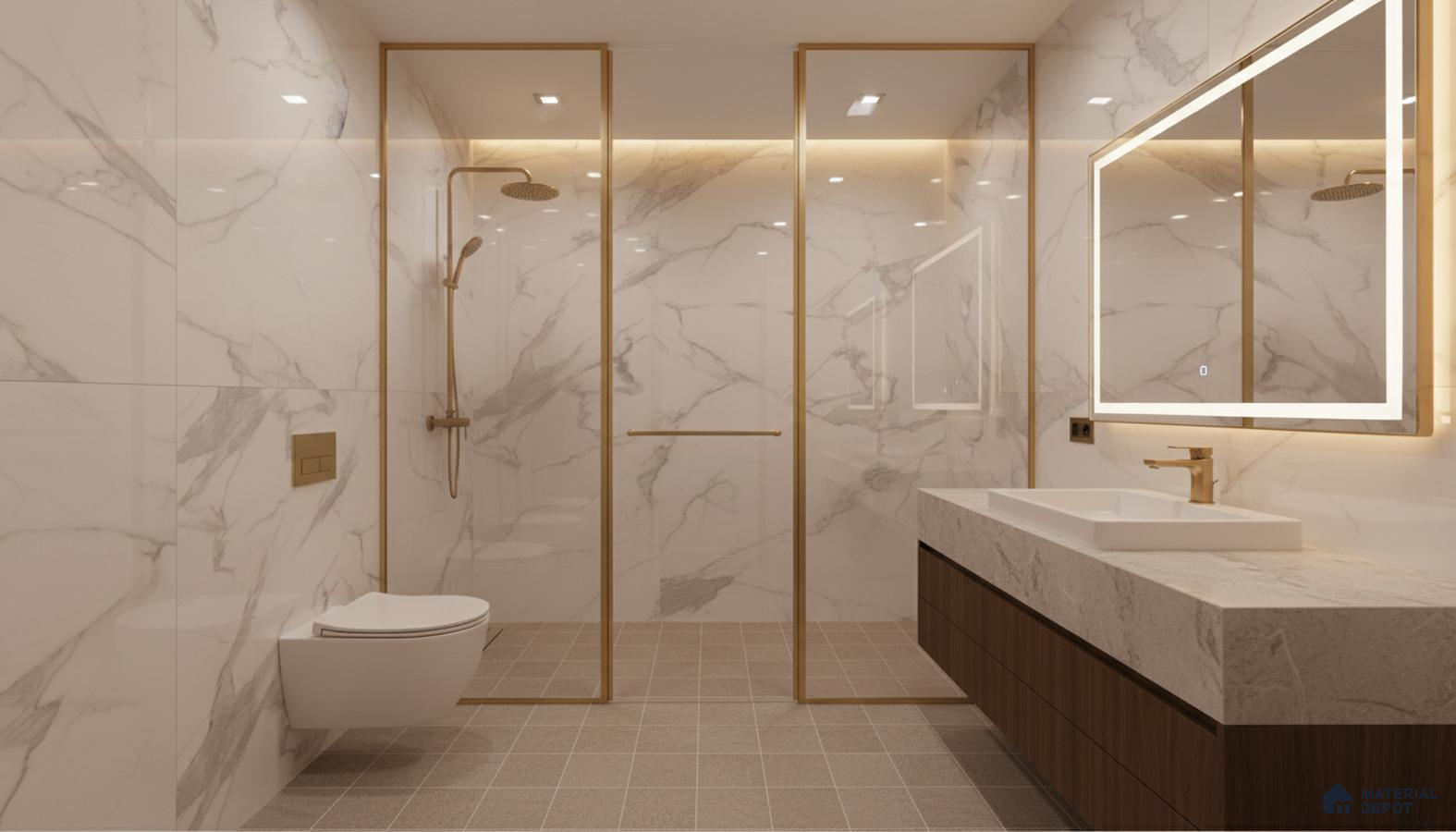 Modern bathroom with white marble-look wall tiles, beige grid floor tiles, and floating wood vanity | Material Depot