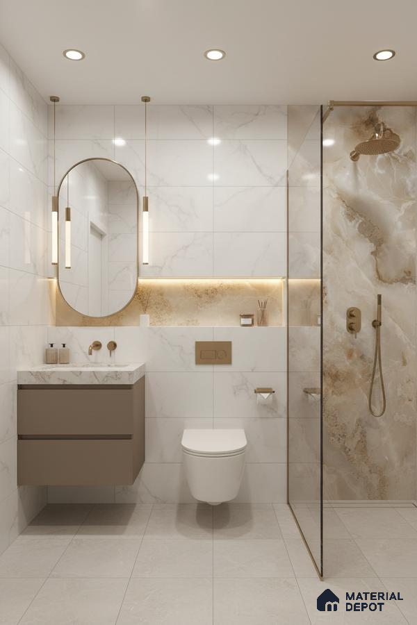 Modern bathroom with white marble-look wall tiles, beige onyx highlighter shower wall, and taupe floating vanity | Material Depot