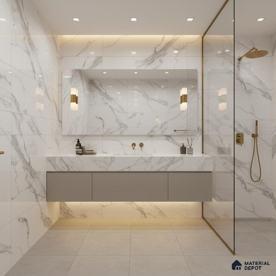 Modern bathroom with white marble-look wall tiles, floating vanity, and gold accents | Material Depot