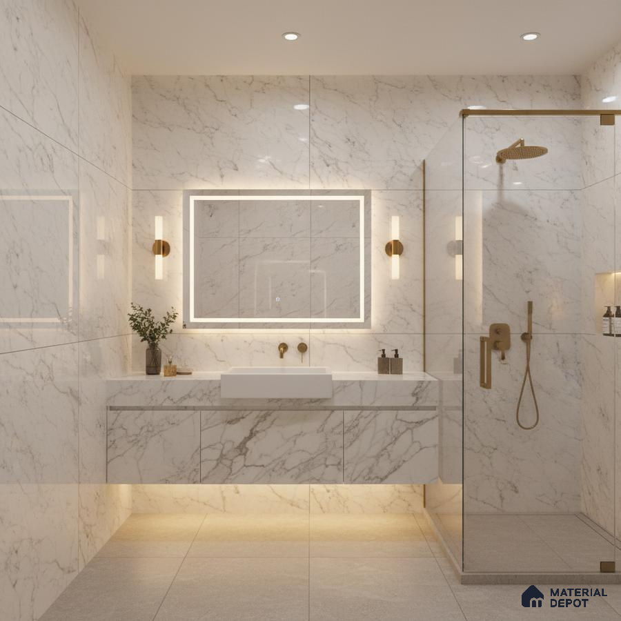 Modern bathroom with white marble-look wall tiles, floating vanity, and gold fixtures | Material Depot