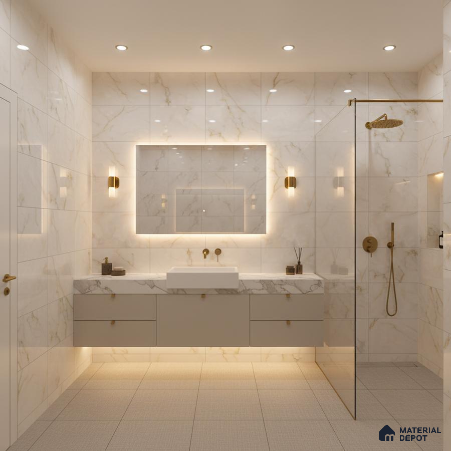 Modern bathroom with white marble-look wall tiles, floating vanity, and gold fixtures | Material Depot