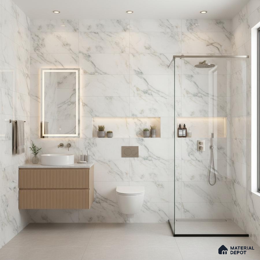 Modern bathroom with white marble-look wall tiles, fluted wood vanity, and minimalist fixtures | Material Depot