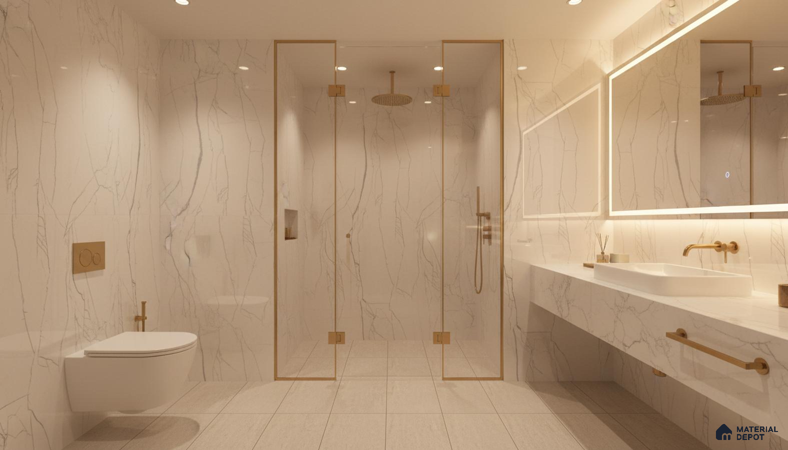 Modern bathroom with white marble-look wall tiles, gold accents, and floating marble vanity | Material Depot