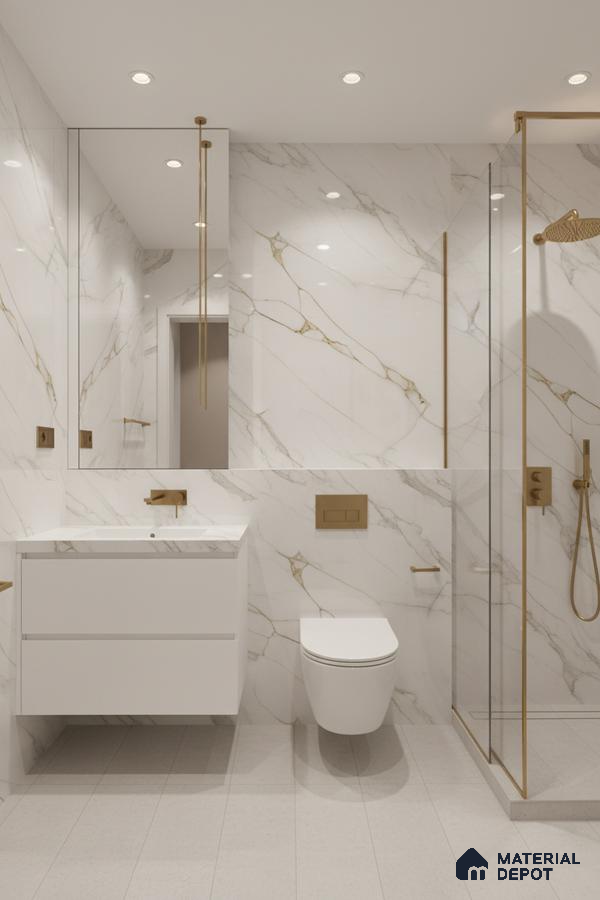 Modern bathroom with white marble-look wall tiles, gold accents, and matte white floor tiles | Material Depot
