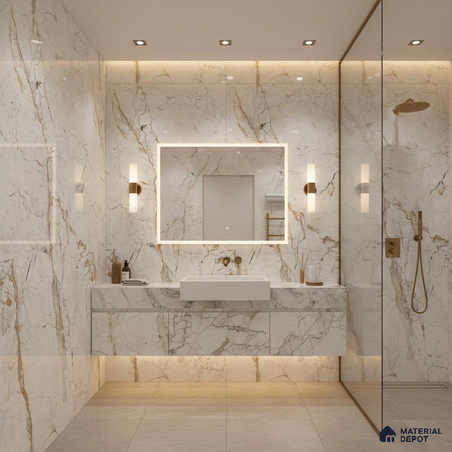 Modern bathroom with white marble-look wall tiles, gold veins, and floating vanity | Material Depot