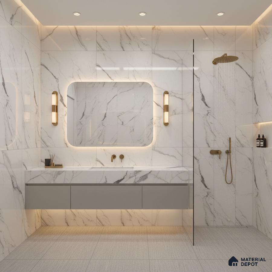 Modern bathroom with white marble-look wall tiles, grey floating vanity, and gold fixtures | Material Depot