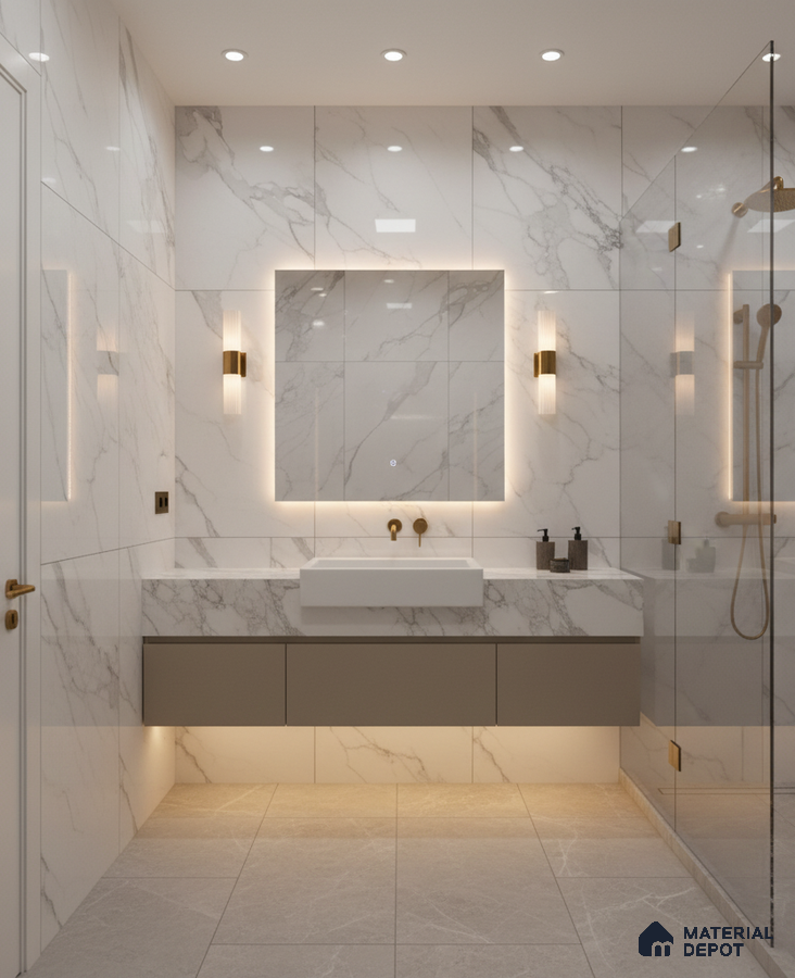 Modern bathroom with white marble-look wall tiles, grey floor tiles, and floating vanity | Material Depot
