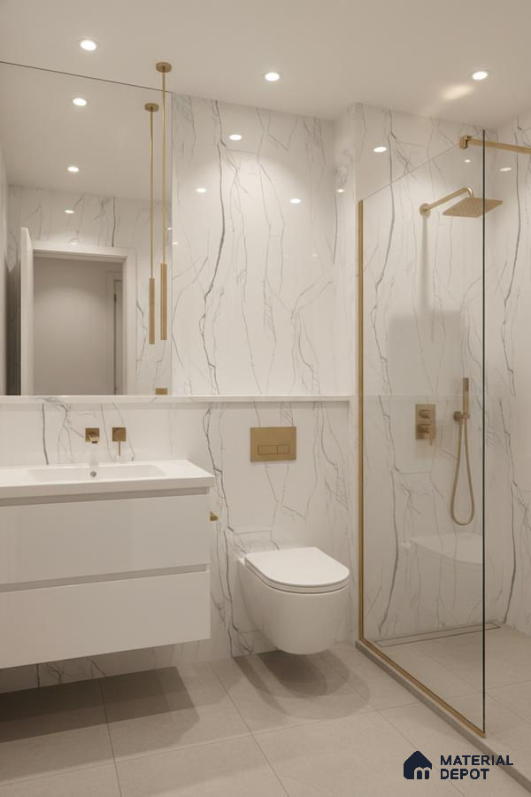 Modern bathroom with white marble-look wall tiles, matte beige floor tiles, and gold accents | Material Depot