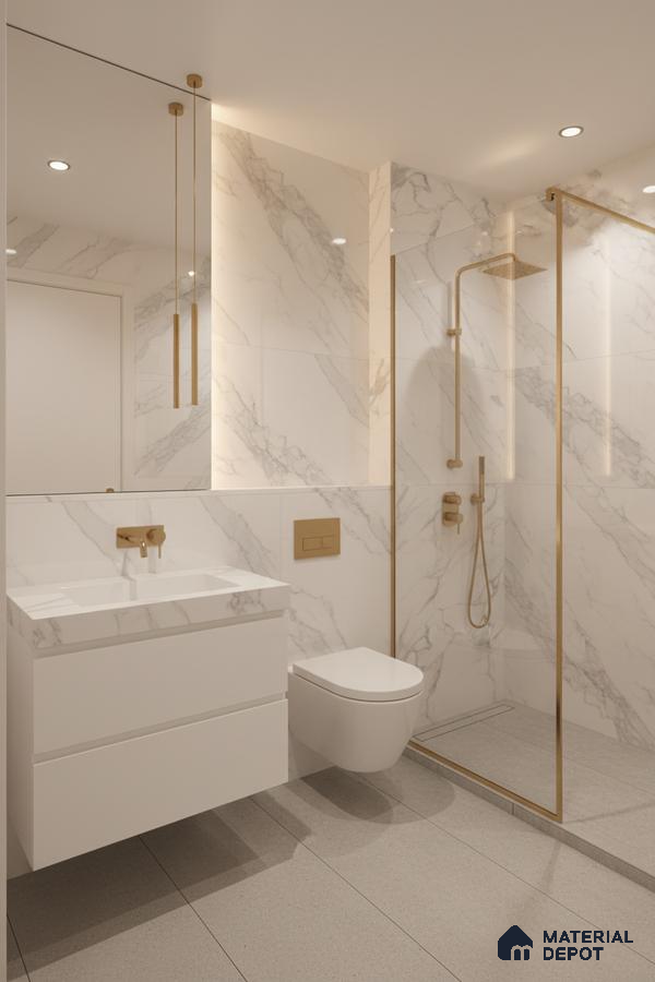 Modern bathroom with white marble-look wall tiles, matte grey floor tiles, and gold accents | Material Depot