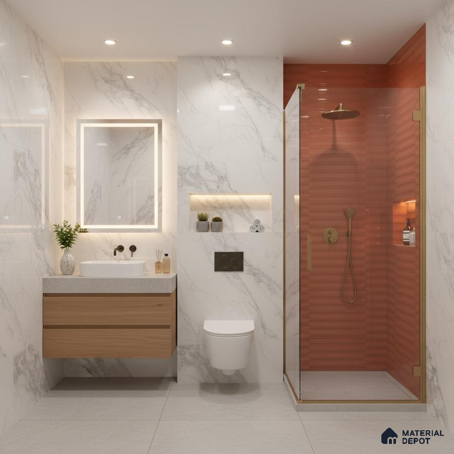 Modern bathroom with white marble-look wall tiles, terracotta fluted shower tiles, and floating wood vanity | Material Depot