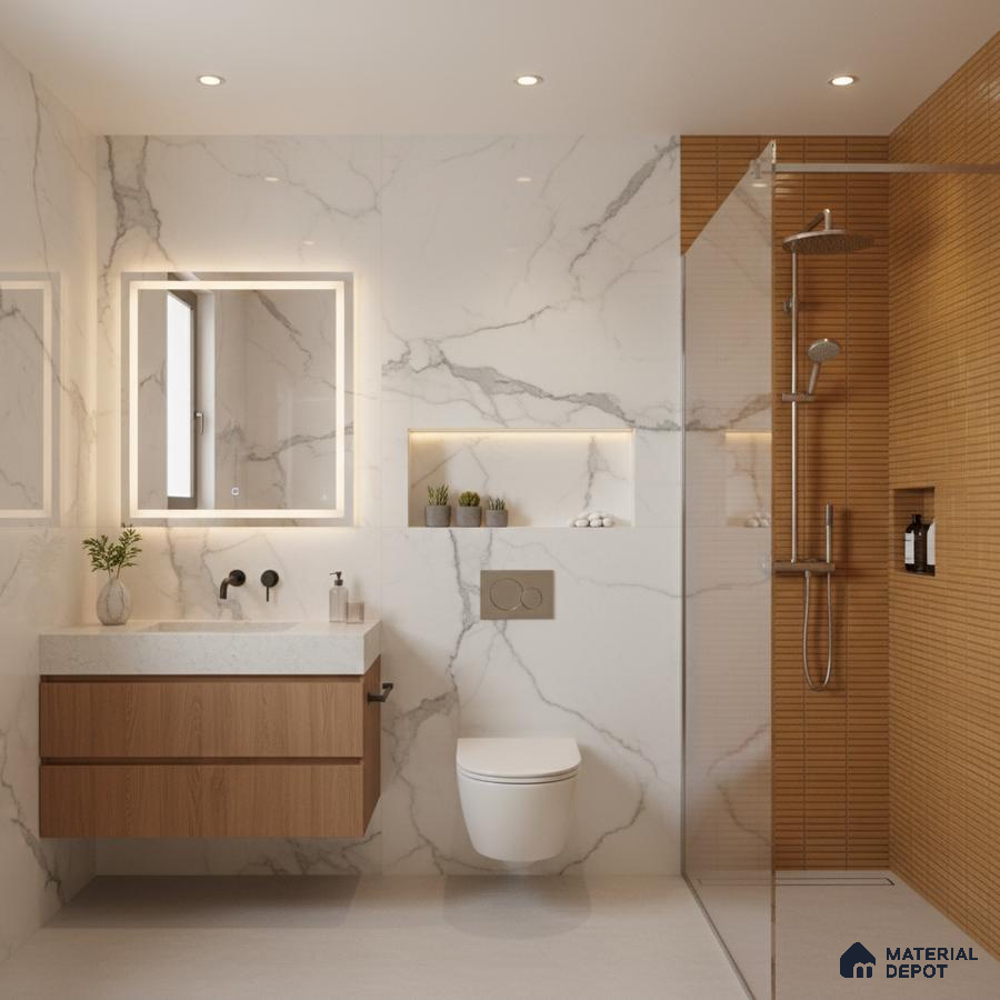 Modern bathroom with white marble-look wall tiles, wood-look fluted shower wall tiles, and floating wood vanity | Material Depot