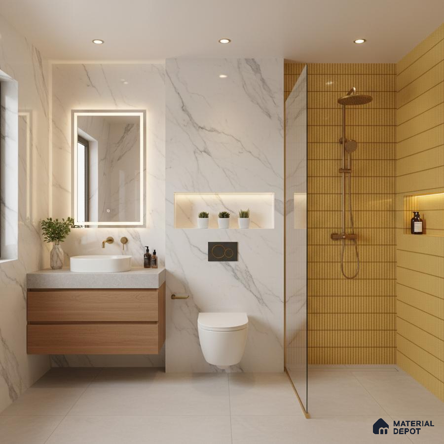 Modern bathroom with white marble-look wall tiles, yellow kitkat shower tiles, and floating wood vanity | Material Depot