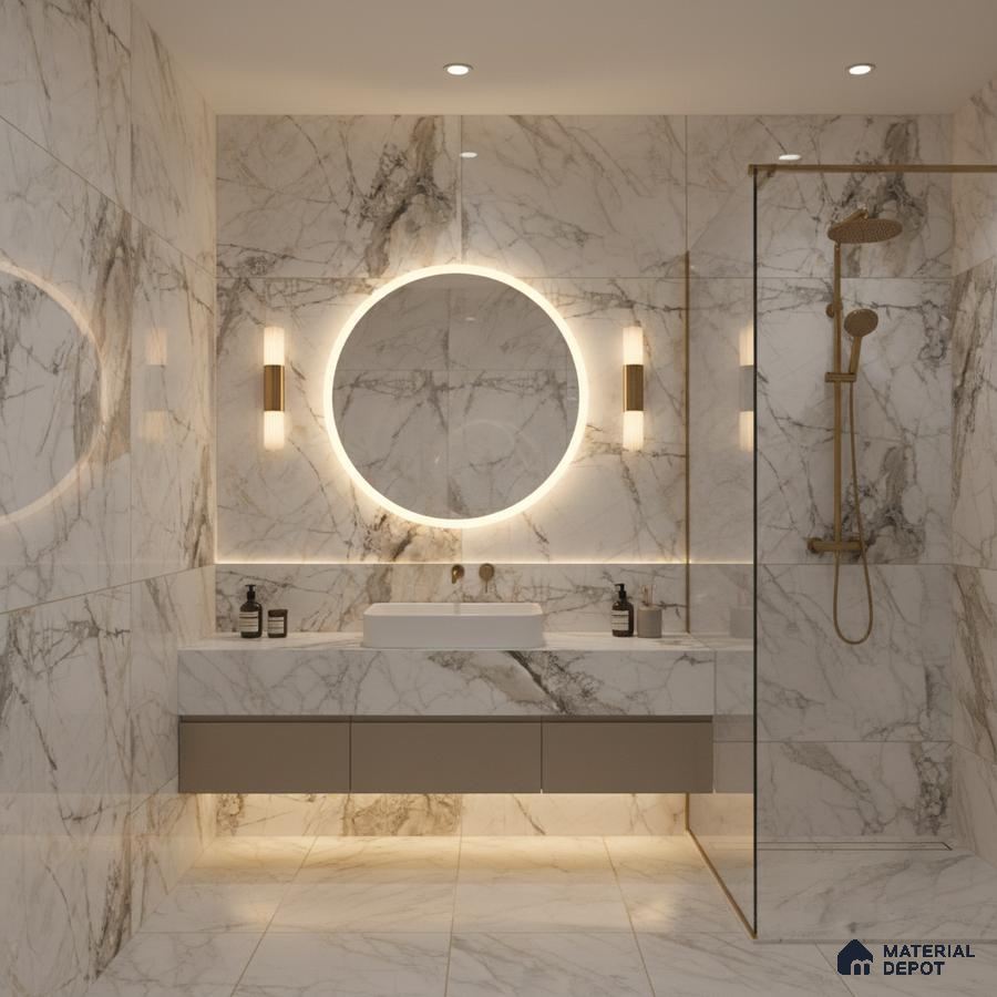 Modern bathroom with white statuario marble-look tiles and floating vanity | Material Depot