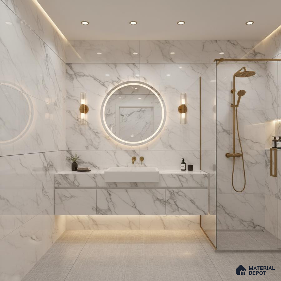 Modern bathroom with white statuario marble-look wall tiles and floating vanity | Material Depot