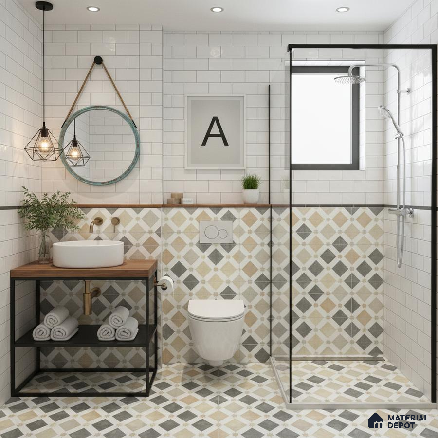 Modern bathroom with white subway wall tiles and beige-grey geometric patterned floor and wall tiles in Bengaluru | Material Depot