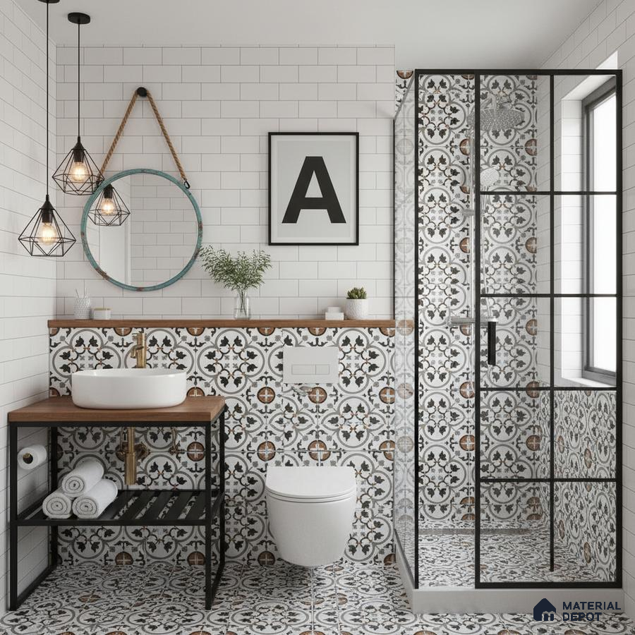 Modern bathroom with white subway wall tiles and black-and-brown patterned moroccan floor and shower tiles in Bengaluru | Material Depot