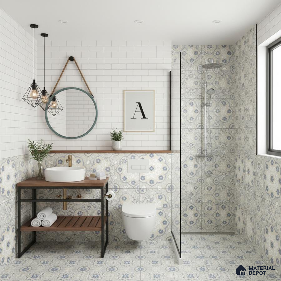 Modern bathroom with white subway wall tiles and blue patterned moroccan floor and wall tiles in Bengaluru | Material Depot