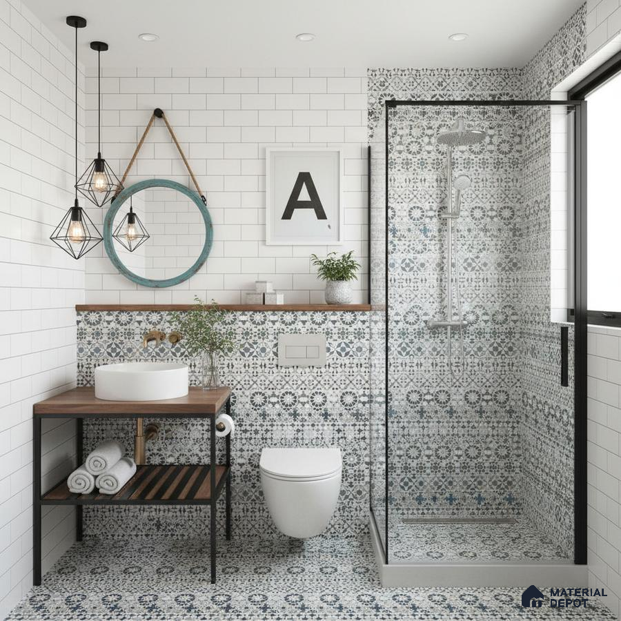 Modern bathroom with white subway wall tiles and blue-grey patterned moroccan floor and shower tiles in Bengaluru | Material Depot