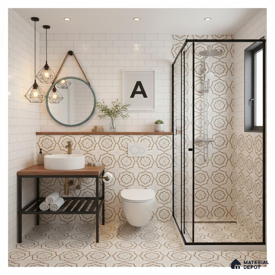 Modern bathroom with white subway wall tiles and geometric patterned floor and shower tiles in Bengaluru | Material Depot
