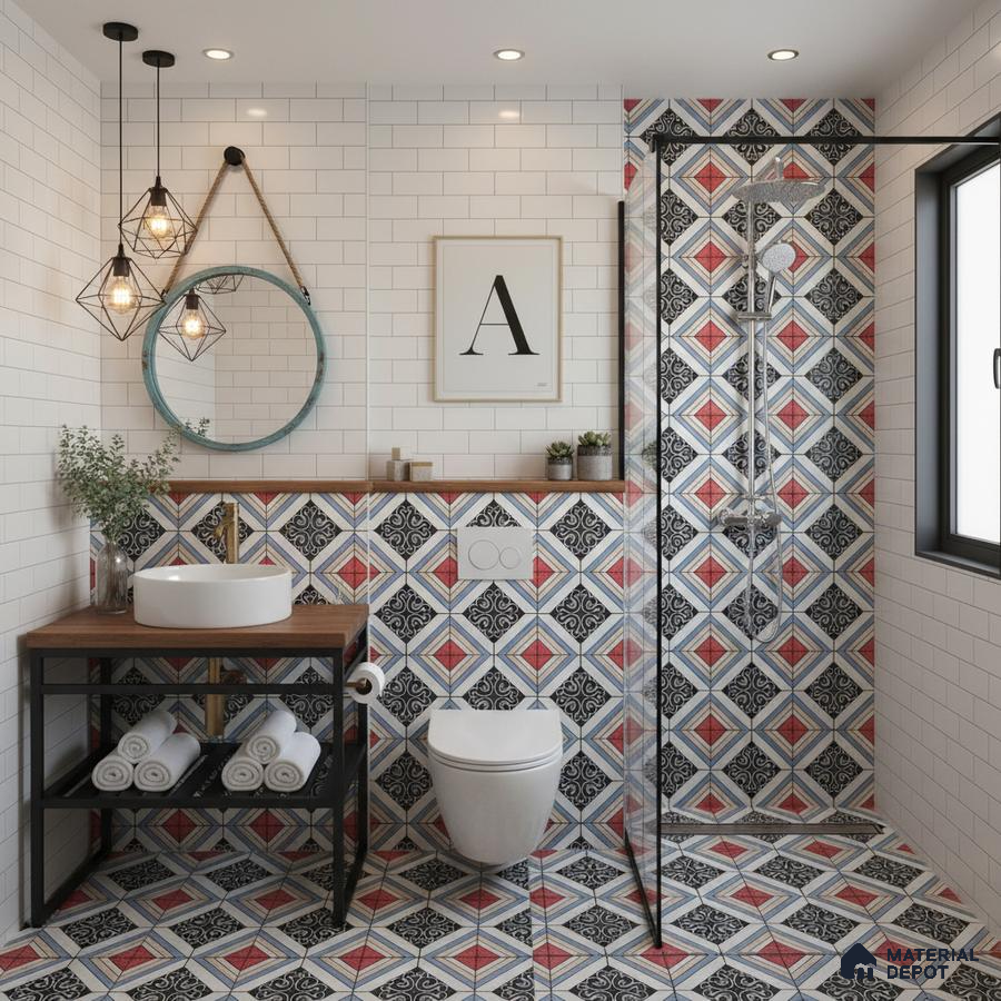 Modern bathroom with white subway wall tiles and red-black geometric patterned floor and shower tiles in Bengaluru | Material Depot