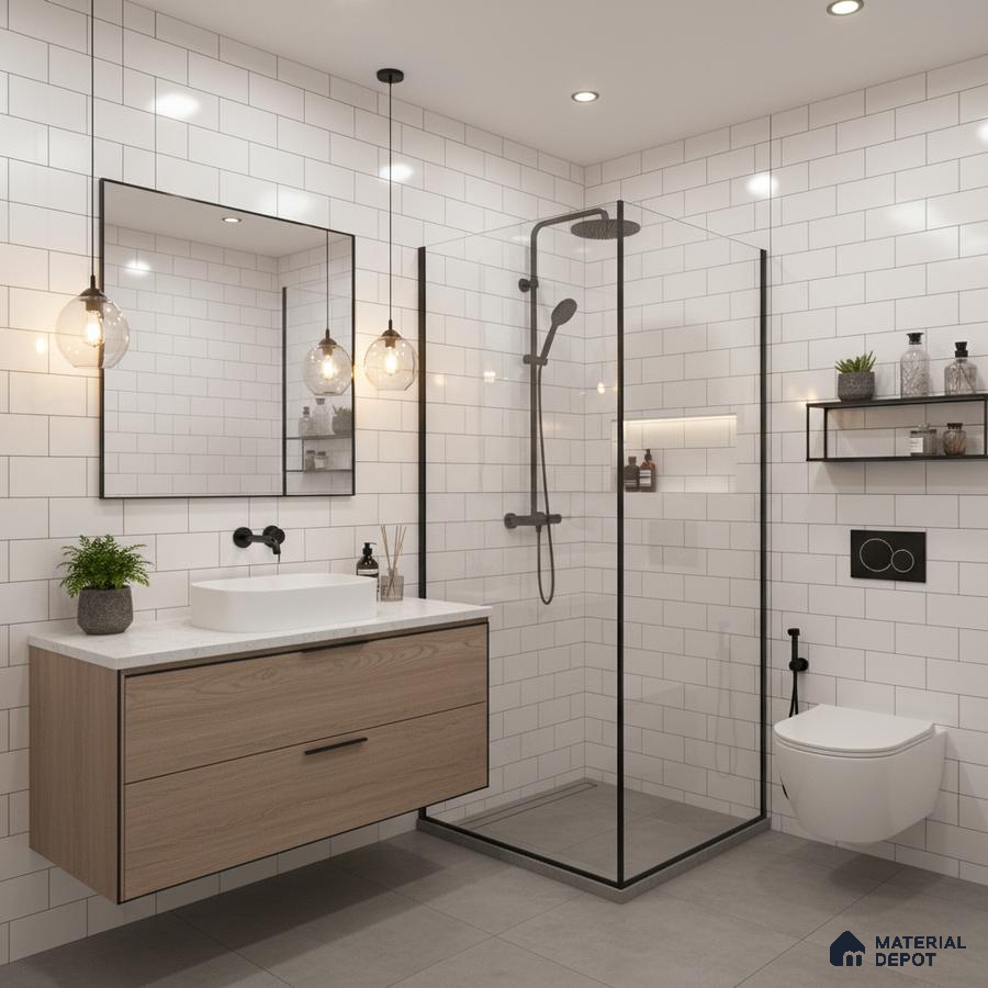 Modern bathroom with white subway wall tiles, light oak laminate vanity, and grey floor tiles | Material Depot
