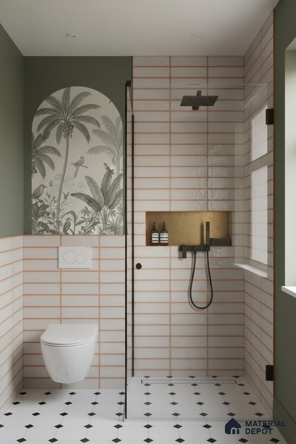 Modern bathroom with white subway wall tiles, tropical wallpaper accent, and black-and-white geometric floor tiles | Material Depot