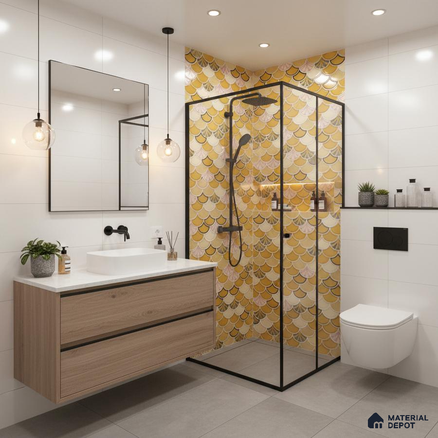Modern bathroom with yellow fish scale highlighter tiles, white wall tiles, and light oak floating vanity | Material Depot