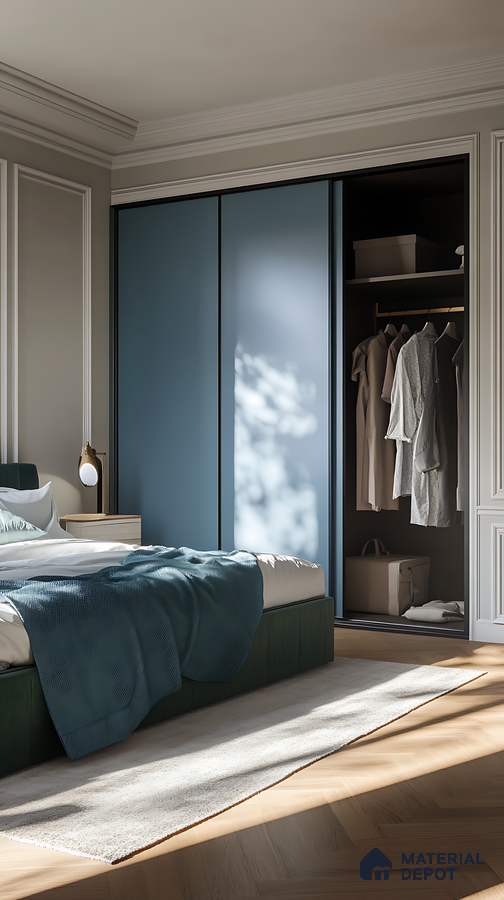Modern Bedroom with Blue Sliding Wardrobe and Classic Wall Molding | Material Depot