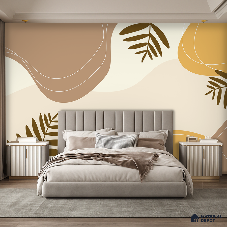 Modern bedroom with abstract beige and brown wallpaper and suede upholstered bed in Bengaluru