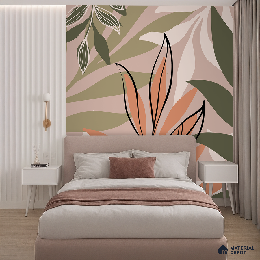 Modern bedroom with abstract floral wallpaper, blush upholstered bed, and white fluted wall panels in Bengaluru