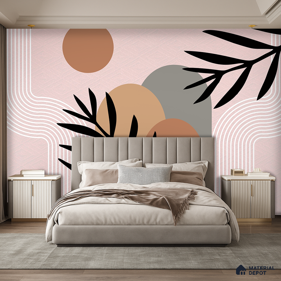 Modern bedroom with abstract geometric wallpaper and beige suede upholstered bed in Bengaluru