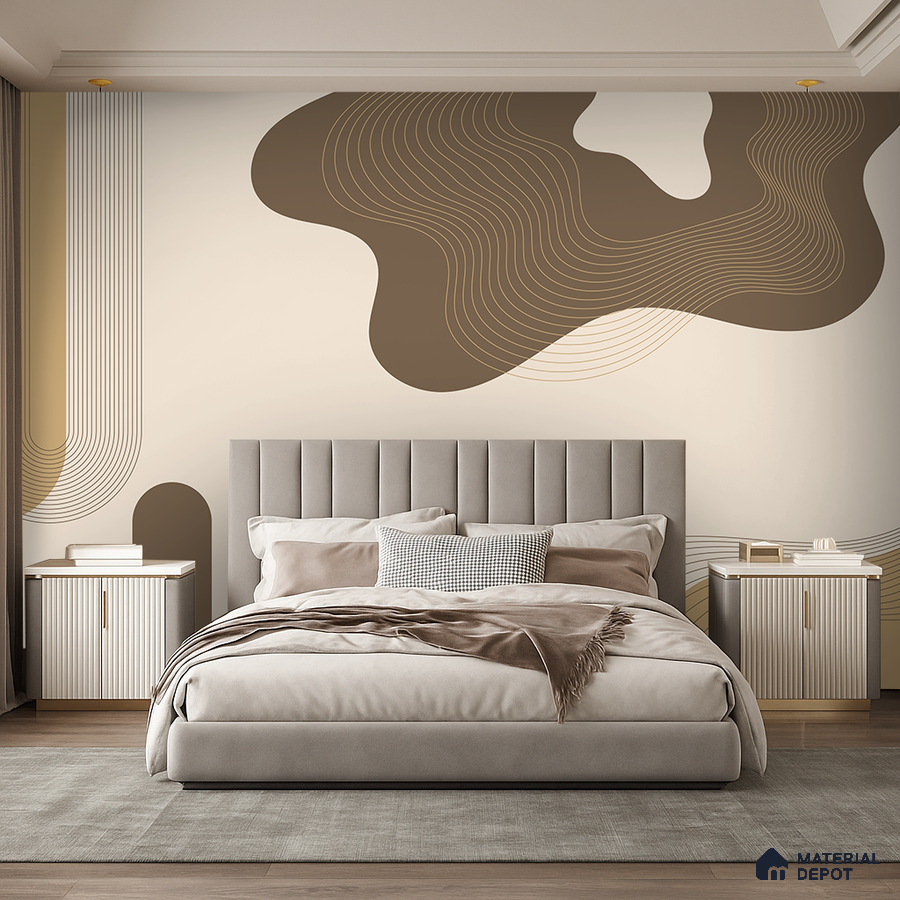 Modern bedroom with abstract geometric wallpaper, suede upholstered bed, and neutral palette in Bengaluru