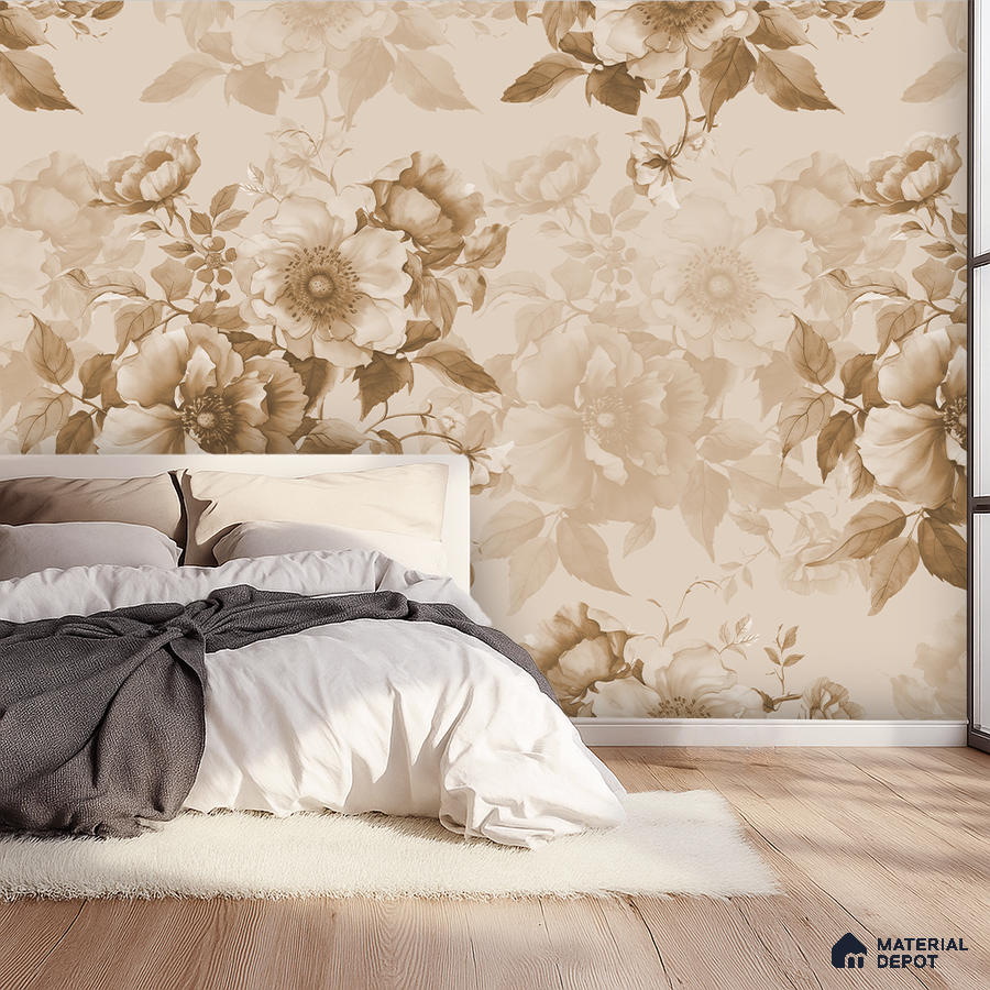 Modern bedroom with beige floral wallpaper and light oak wooden flooring in Bengaluru