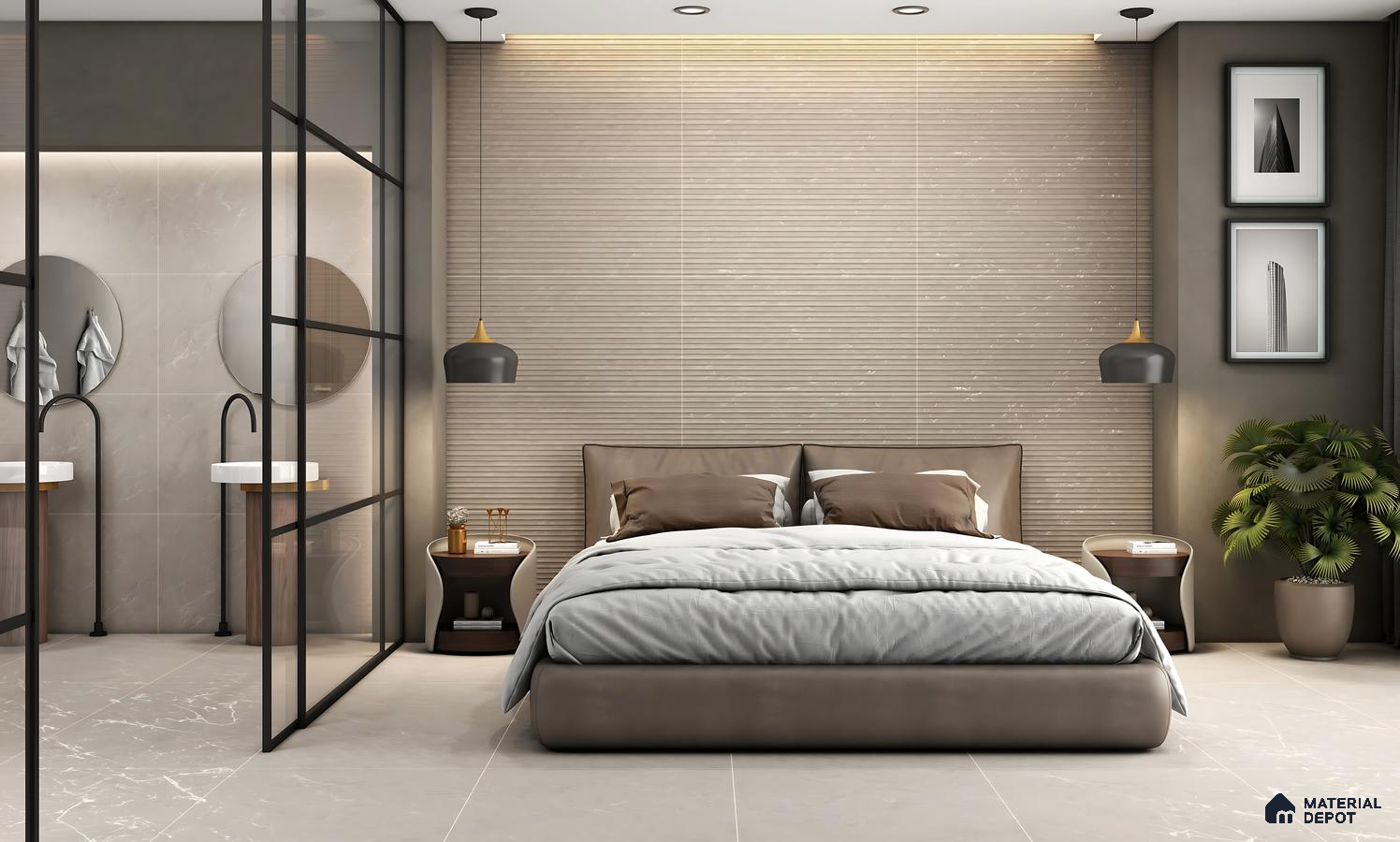 Modern Bedroom with Beige Fluted Marble Wall and Soft Neutrals – Elegant & Serene Interior Design | Material Depot
