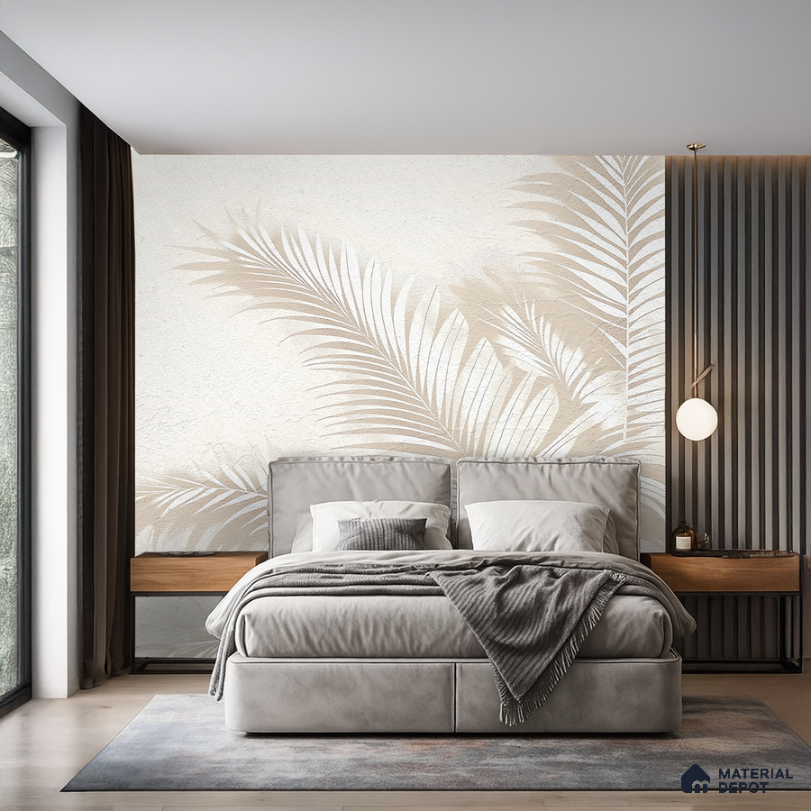 Modern bedroom with beige tropical wallpaper, grey suede upholstered bed, and wood accent nightstands in Bengaluru