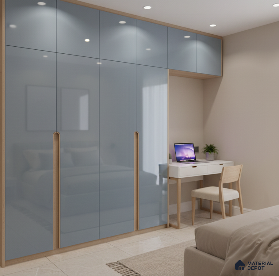 Modern bedroom with blue high gloss laminate wardrobe and beige tile flooring in Bengaluru