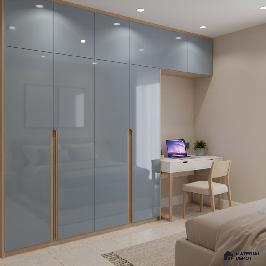 Modern bedroom with blue high gloss laminate wardrobe and beige tile flooring in Bengaluru